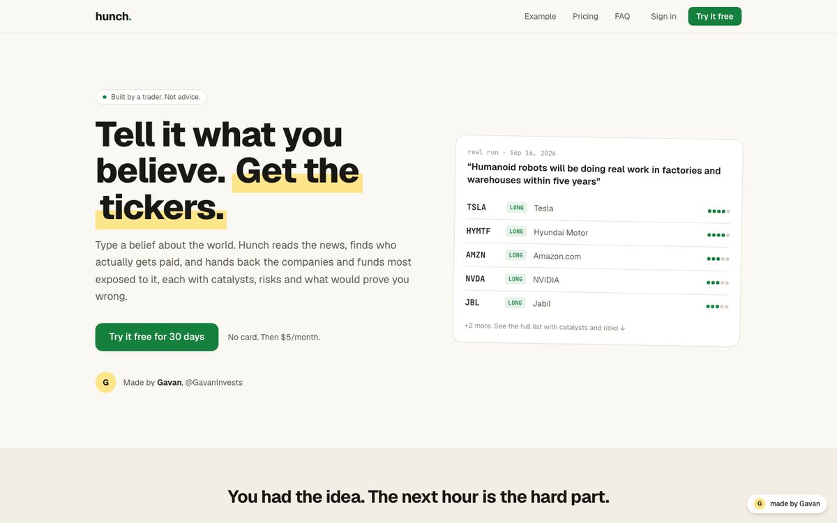 Hunch: type a belief, get the tickers, with a sample run on humanoid robots