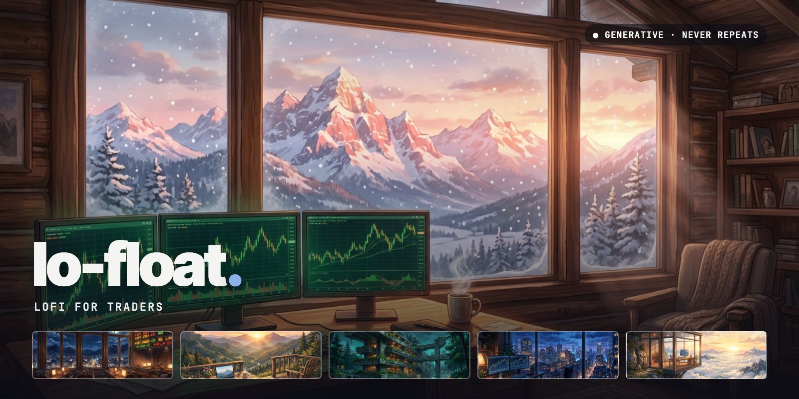 Lo-Float: a painted cabin trading desk at dawn with mountains outside